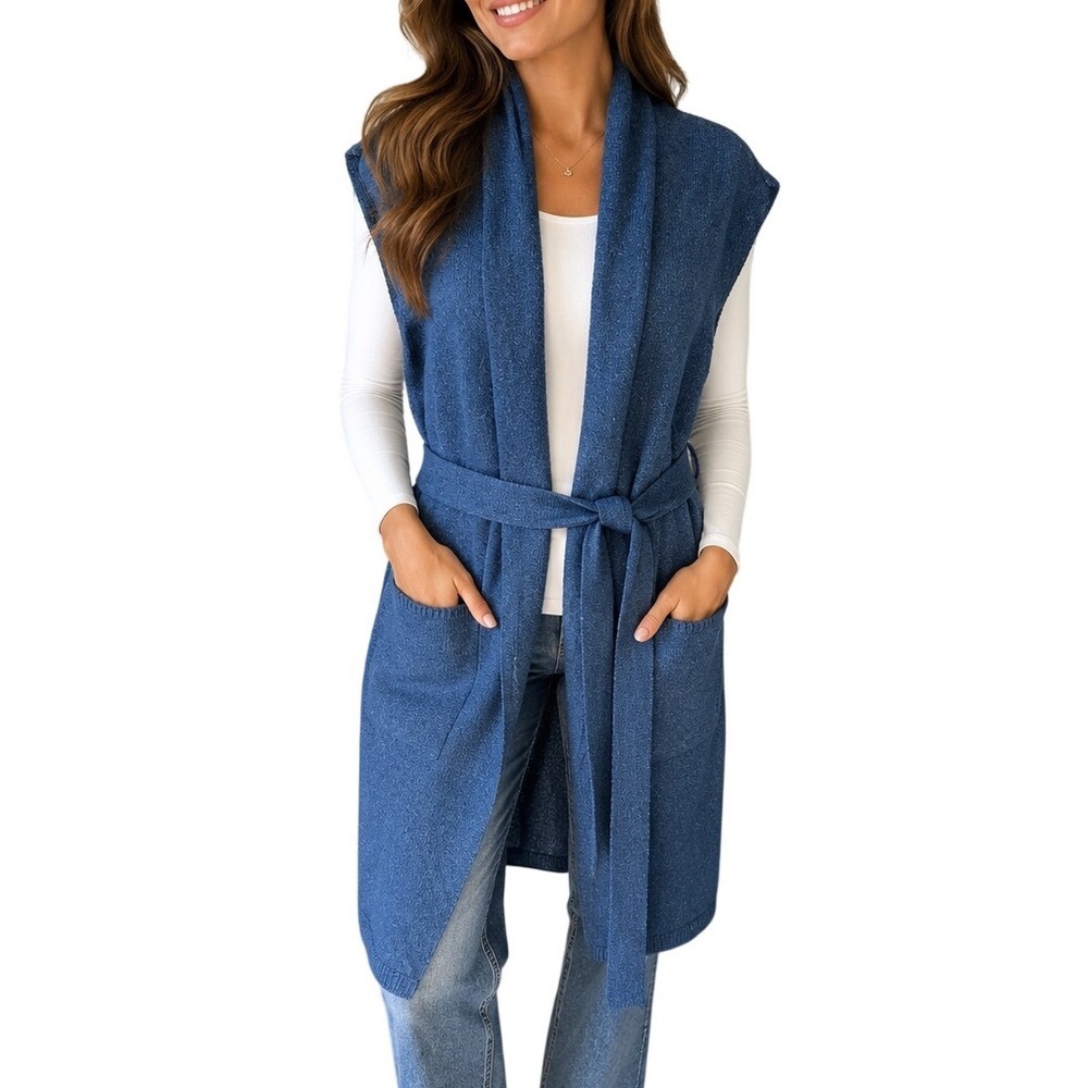 Time and‎ Tru Blue Cove Heather Sleeveless Belted Long Cardigan Sweater XL Y2K